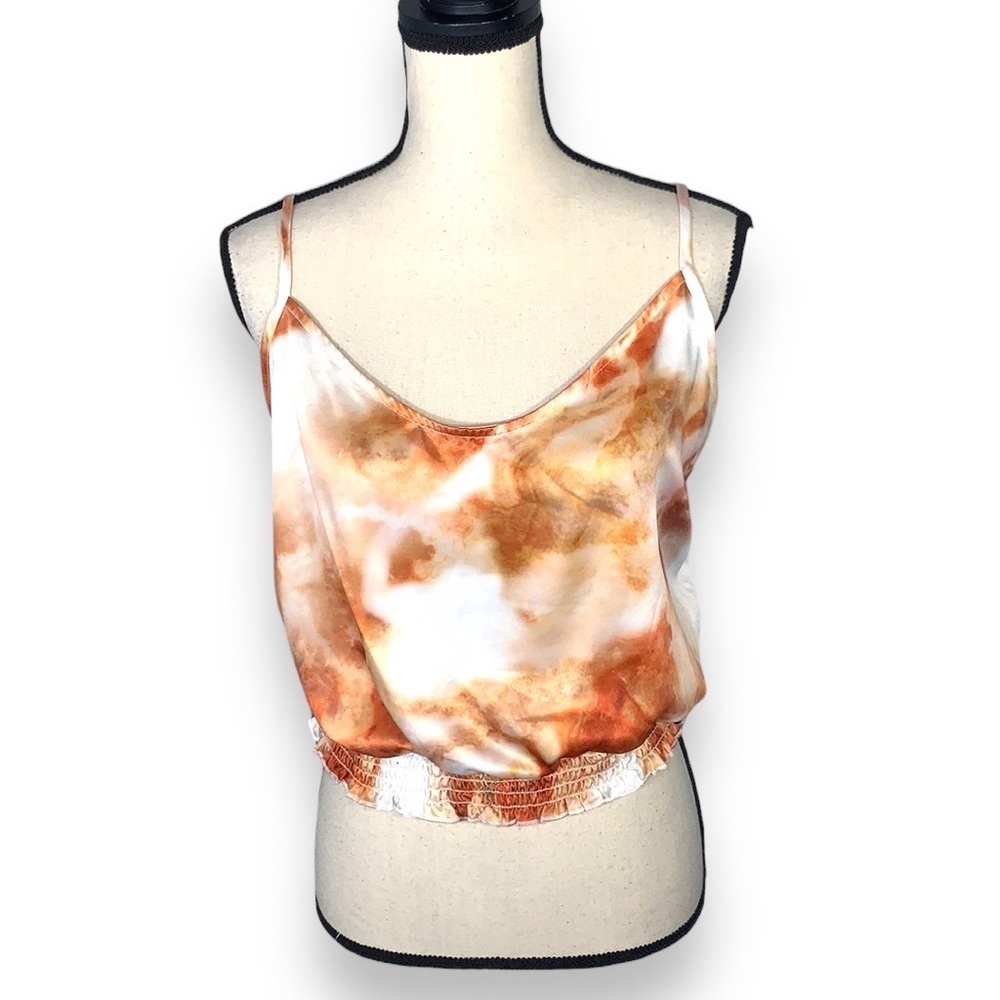 Orange and White Silky Sleeveless Crop Top XL Adjustable Straps Elastic Hem